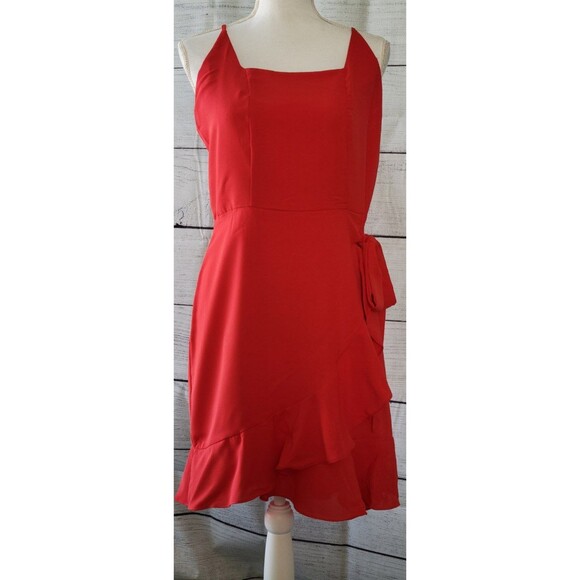 Casual Ruffle Hem Wrap Dress Spaghetti Strap Front Tie Knot Short Dress Sz L - Picture 3 of 8